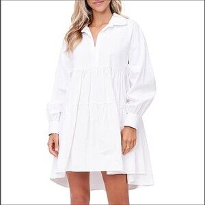 En Saison Poplin Mini Dress Tiered Baby Doll Oversized Off White Cotton M